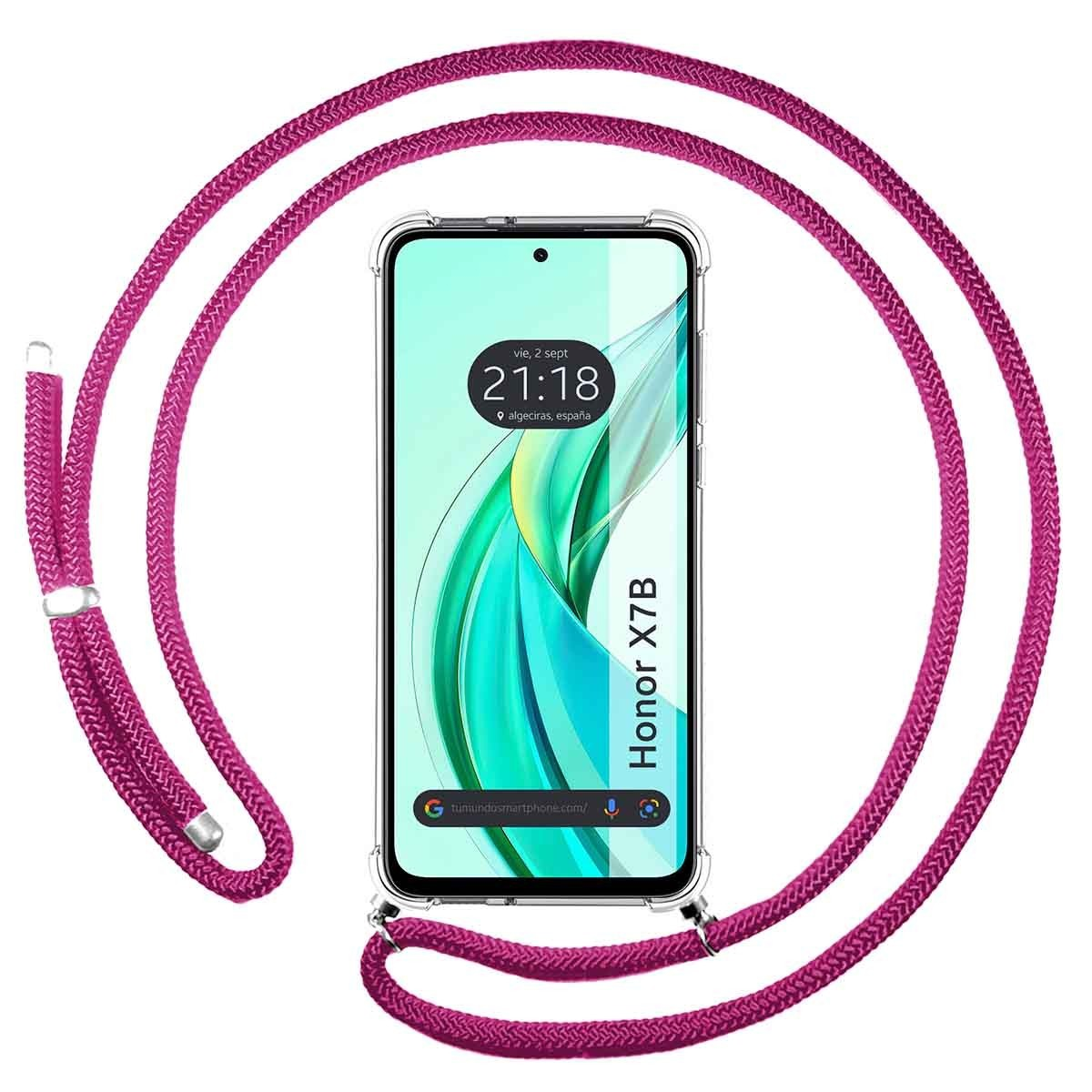 Telefono con cordino rosa attaccato. Lo schermo mostra ora e posizione.