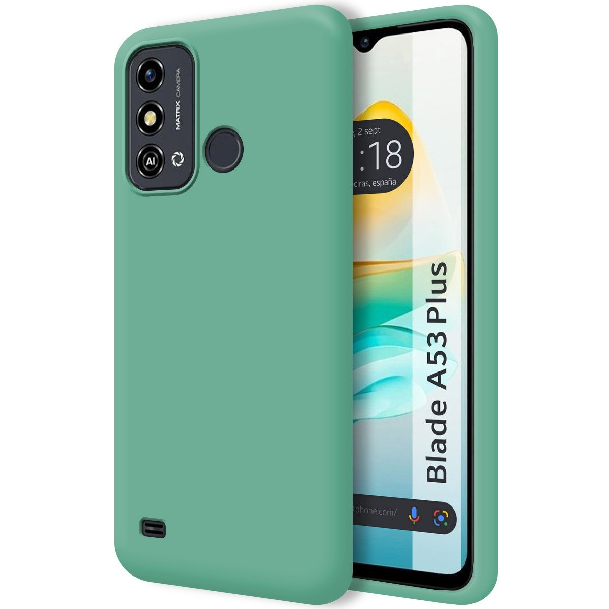 Custodia per telefono verde con un telefono. La custodia ha un modulo fotocamera. Lo schermo del telefono è visibile.