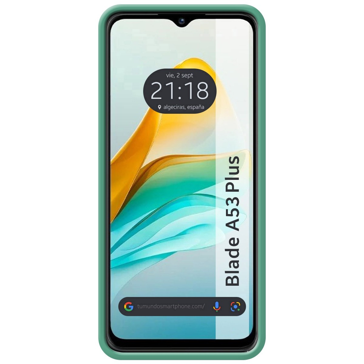 Telefono con custodia verde e schermo con data e ora.