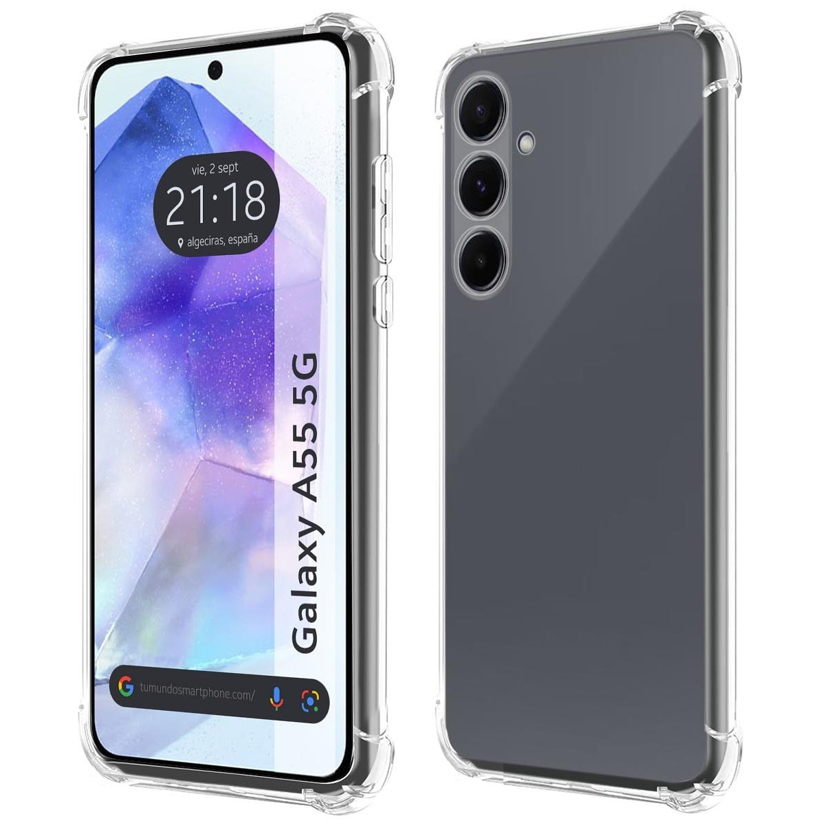 Custodia per telefono con un design di telefono. Lo schermo mostra ora e data.