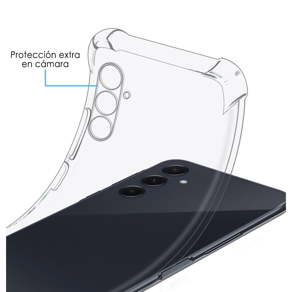 Custodia del telefono, il telefono è grigio. Una custodia trasparente copre il telefono. Protezione extra della fotocamera visibile.