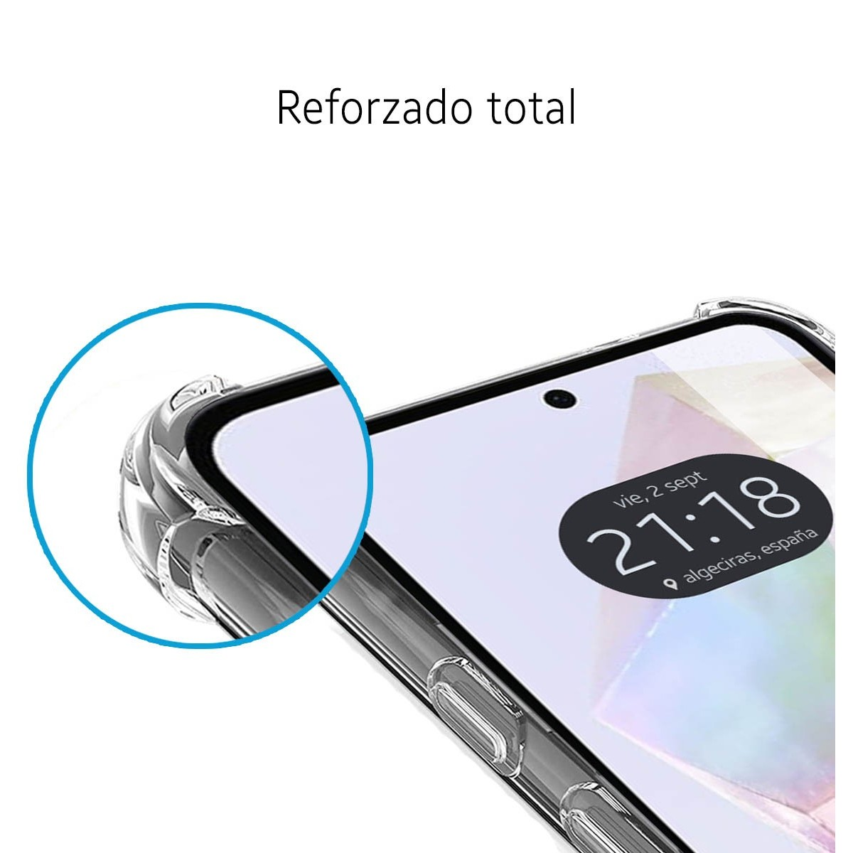Custodia del telefono con bordo trasparente. L'angolo del telefono è cerchiato per enfatizzare.