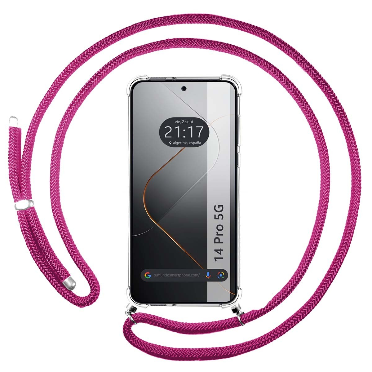 Telefono con cinturino magenta. Il telefono mostra l'ora. La custodia è trasparente. È per un 14 Pro 5G.