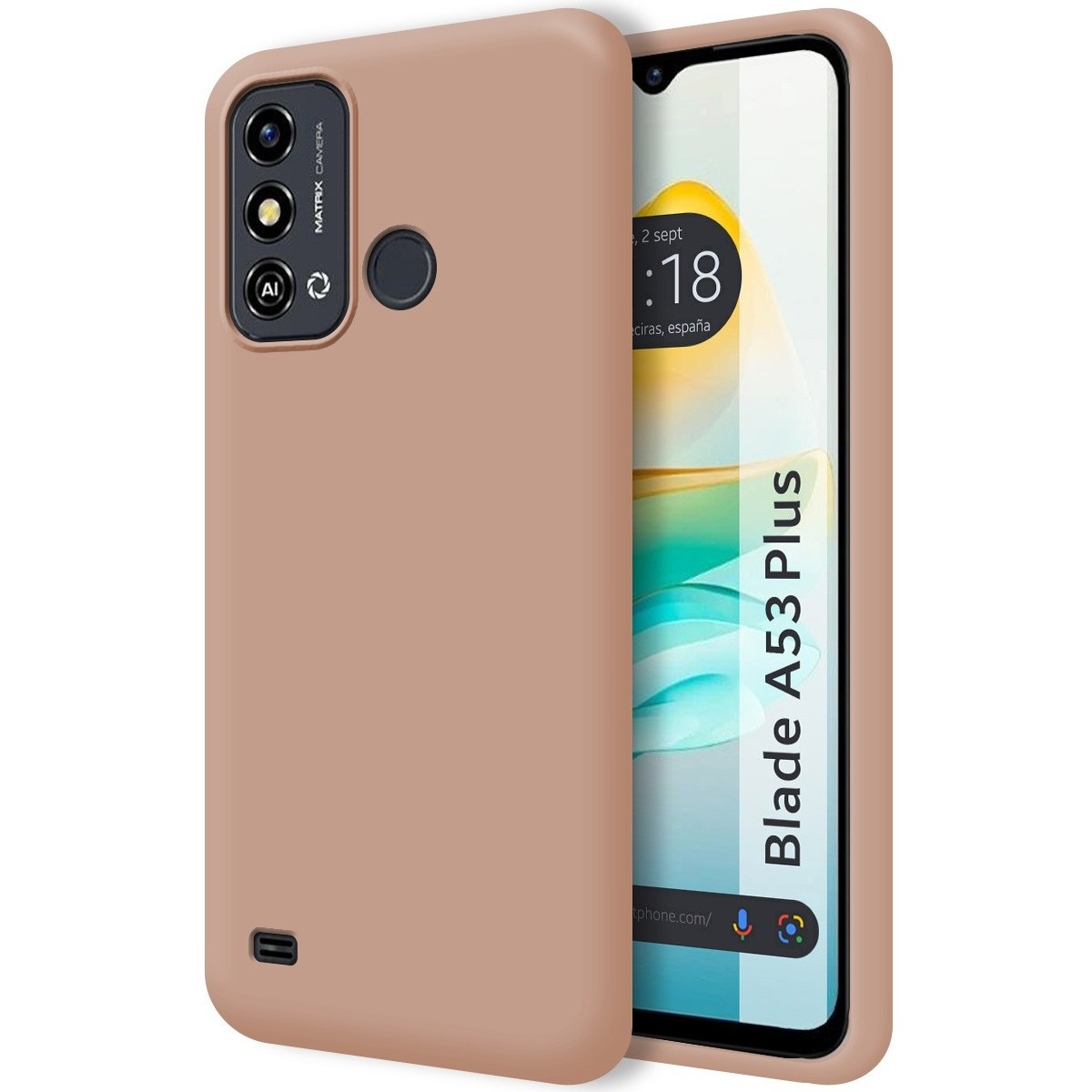 Custodia per telefono con il testo 'Blade A53 Plus'. Il telefono ha una fotocamera in alto a sinistra.