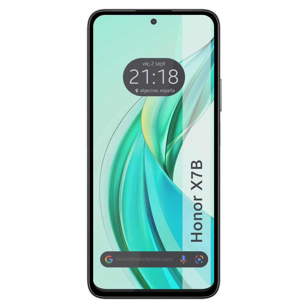 Uno smartphone che mostra l'ora e la data in alto, con una barra di ricerca di Google in basso.
