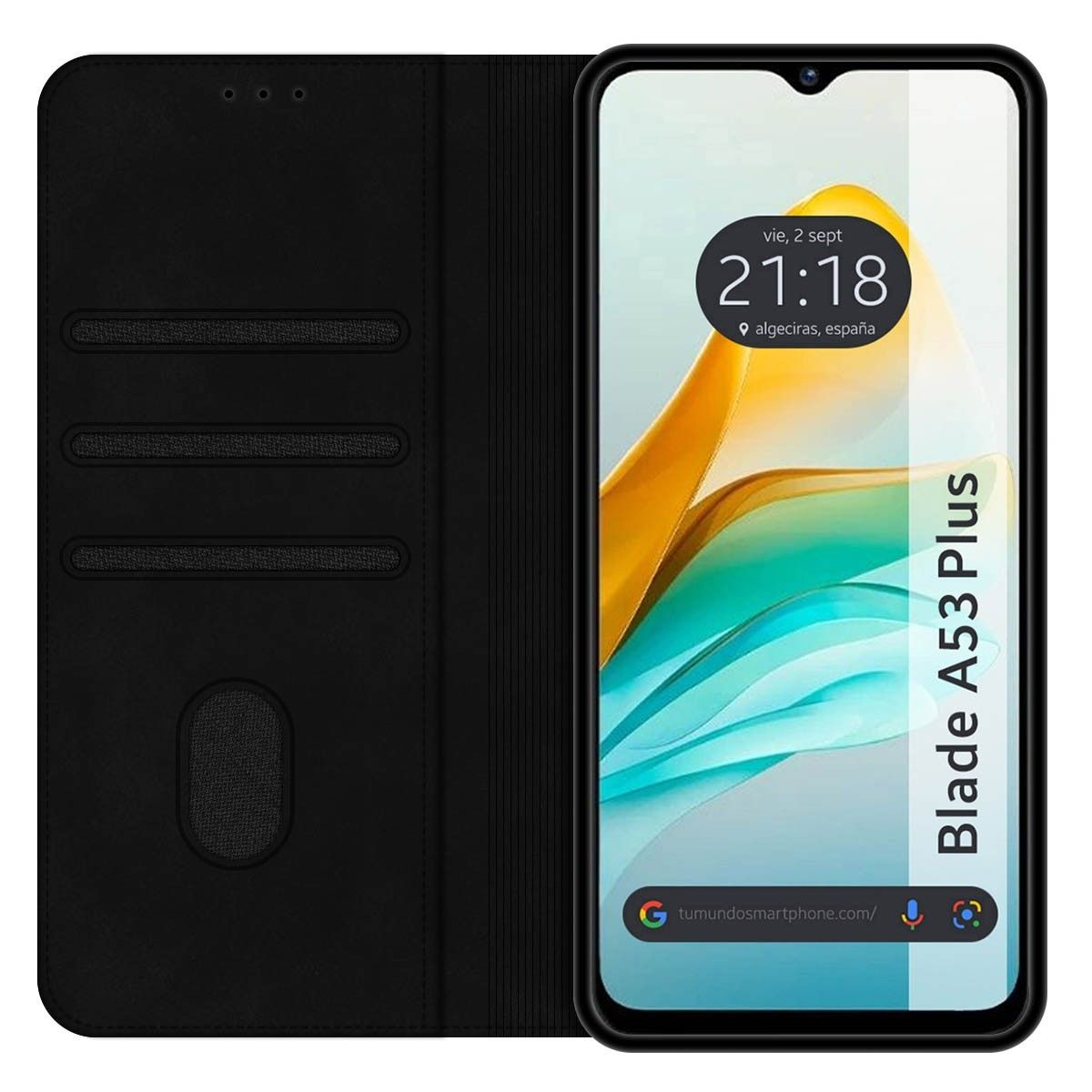 Custodia per telefono nera aperta con telefono che mostra un'ora e le parole 'Blade A53 Plus'.