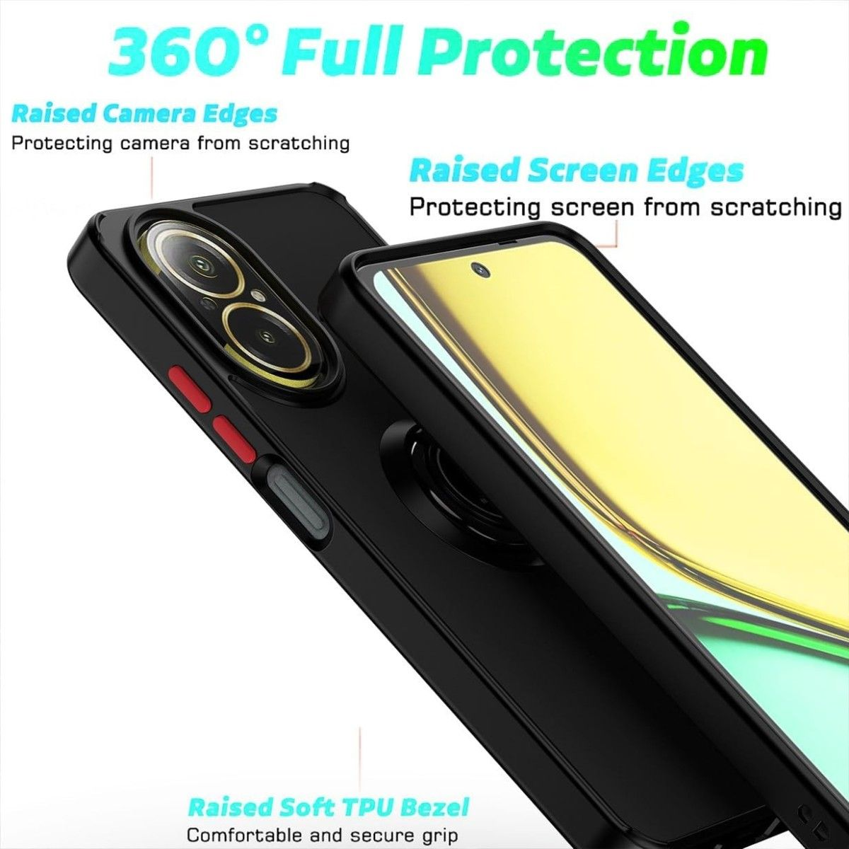 Custodia per telefono nera con bordi rialzati per proteggere la fotocamera e lo schermo. Testo bianco: 360° Full Protection.