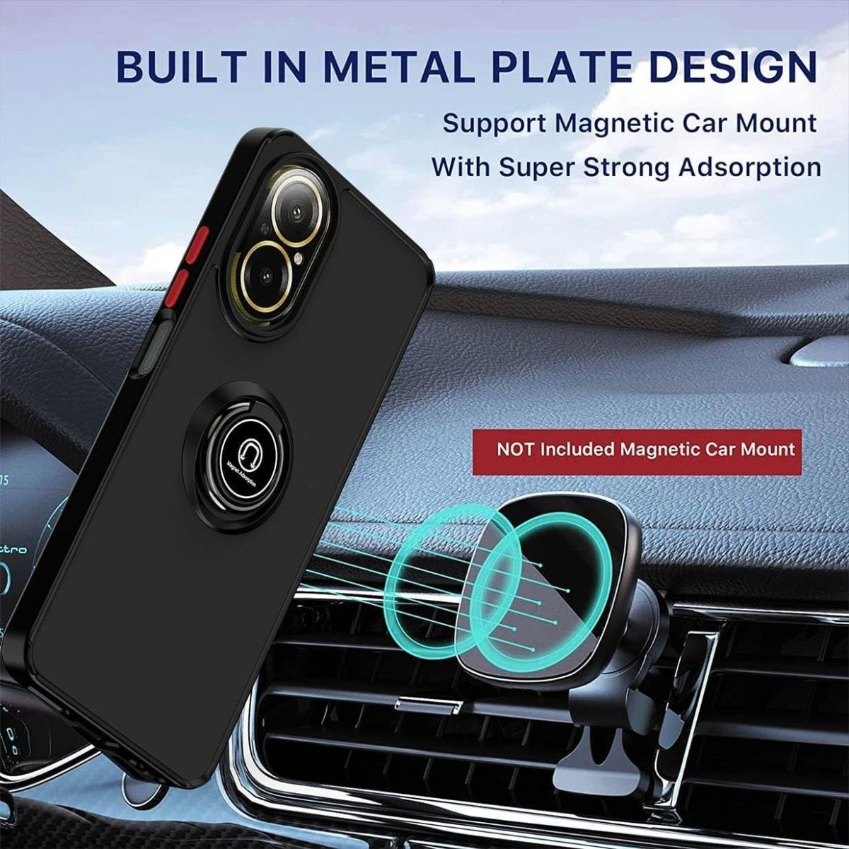 Telefono in custodia nera e supporto per auto. Testo: Design con piastra metallica integrata, supporto per supporto magnetico.