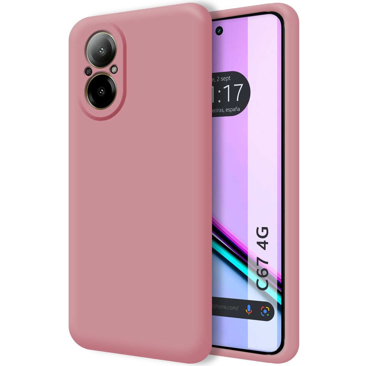 Una custodia per telefono rosa con un telefono all'interno. Il telefono è acceso, mostra l'ora e la posizione.