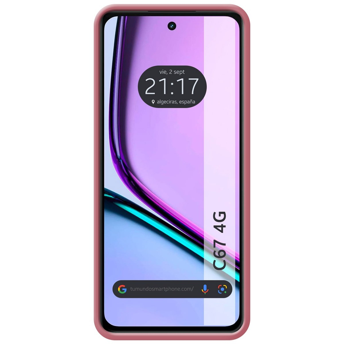 Una custodia rosa con un telefono che mostra l'ora e la data. Il telefono è rosa e viola.