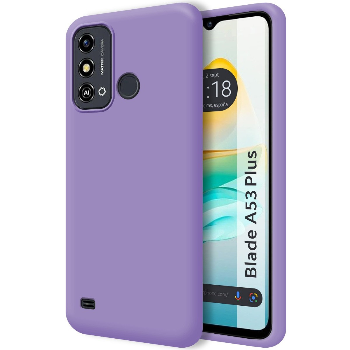 Una custodia per telefono viola con un telefono che mostra la data e l'ora. La custodia ha una fotocamera e pulsanti.