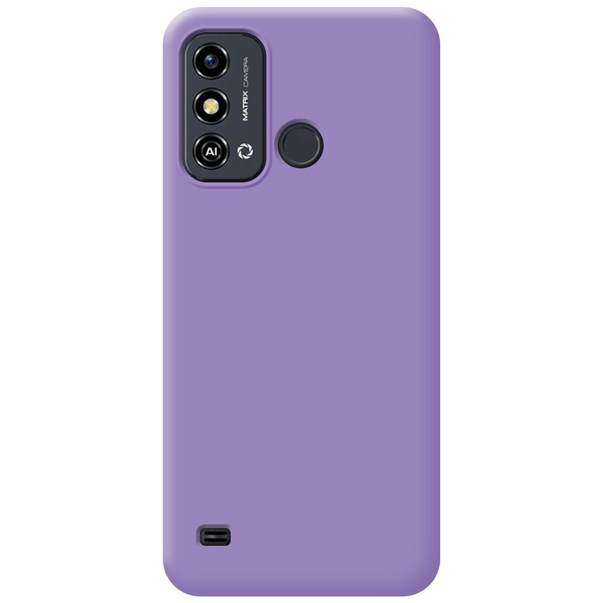 Una custodia per telefono lilla liscia con un modulo fotocamera.