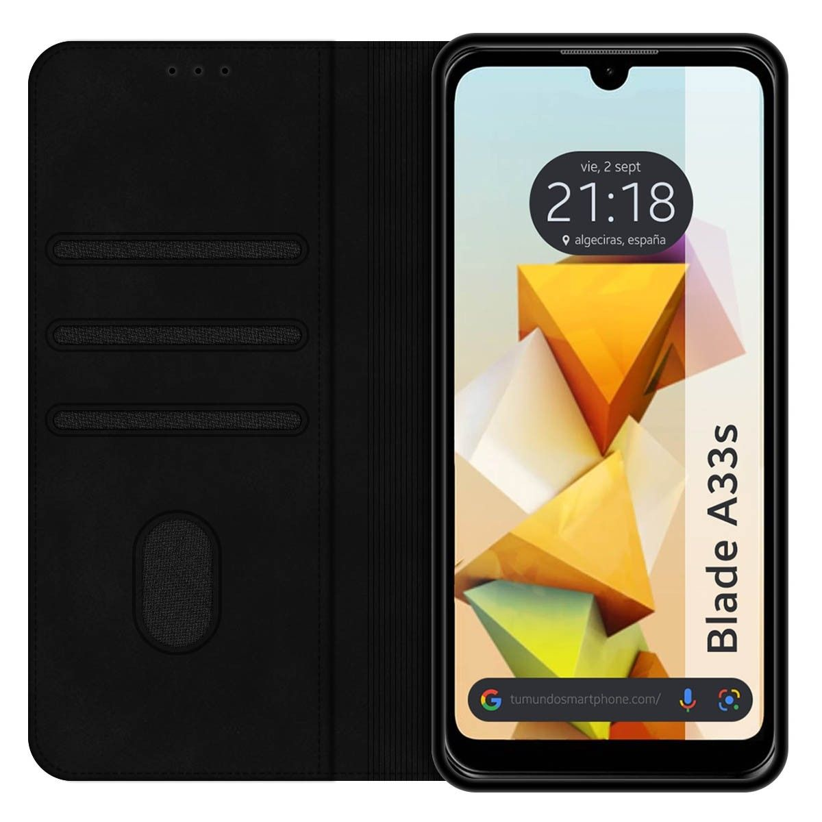 Funda de teléfono y pantalla del teléfono. El teléfono muestra la hora. Texto Blade A33s.