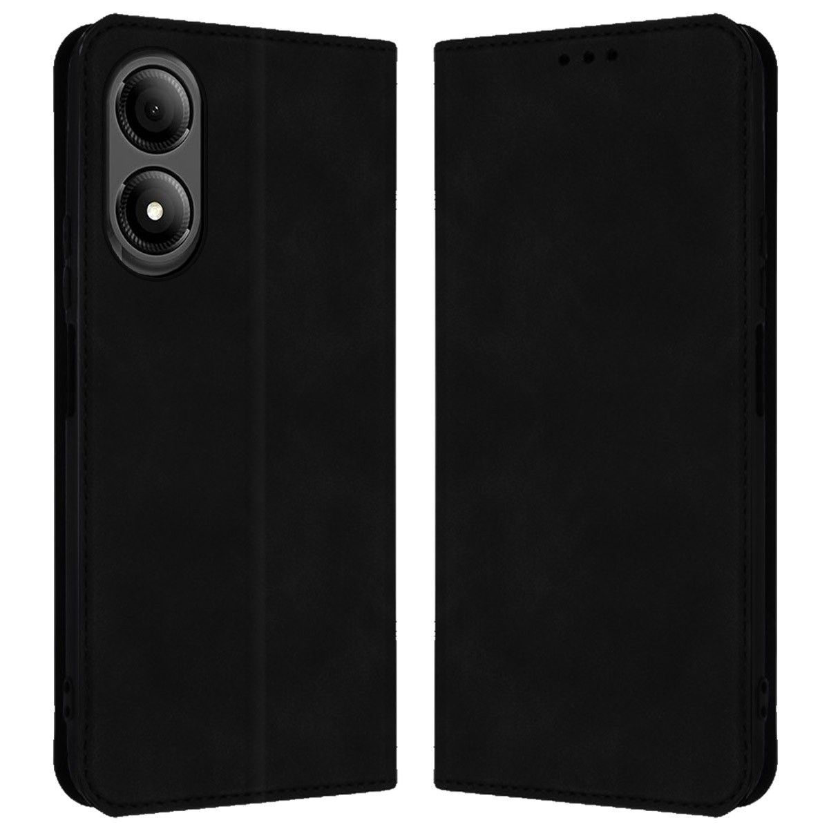 Funda de teléfono negra, cerrada y abierta. La cámara del teléfono es visible.