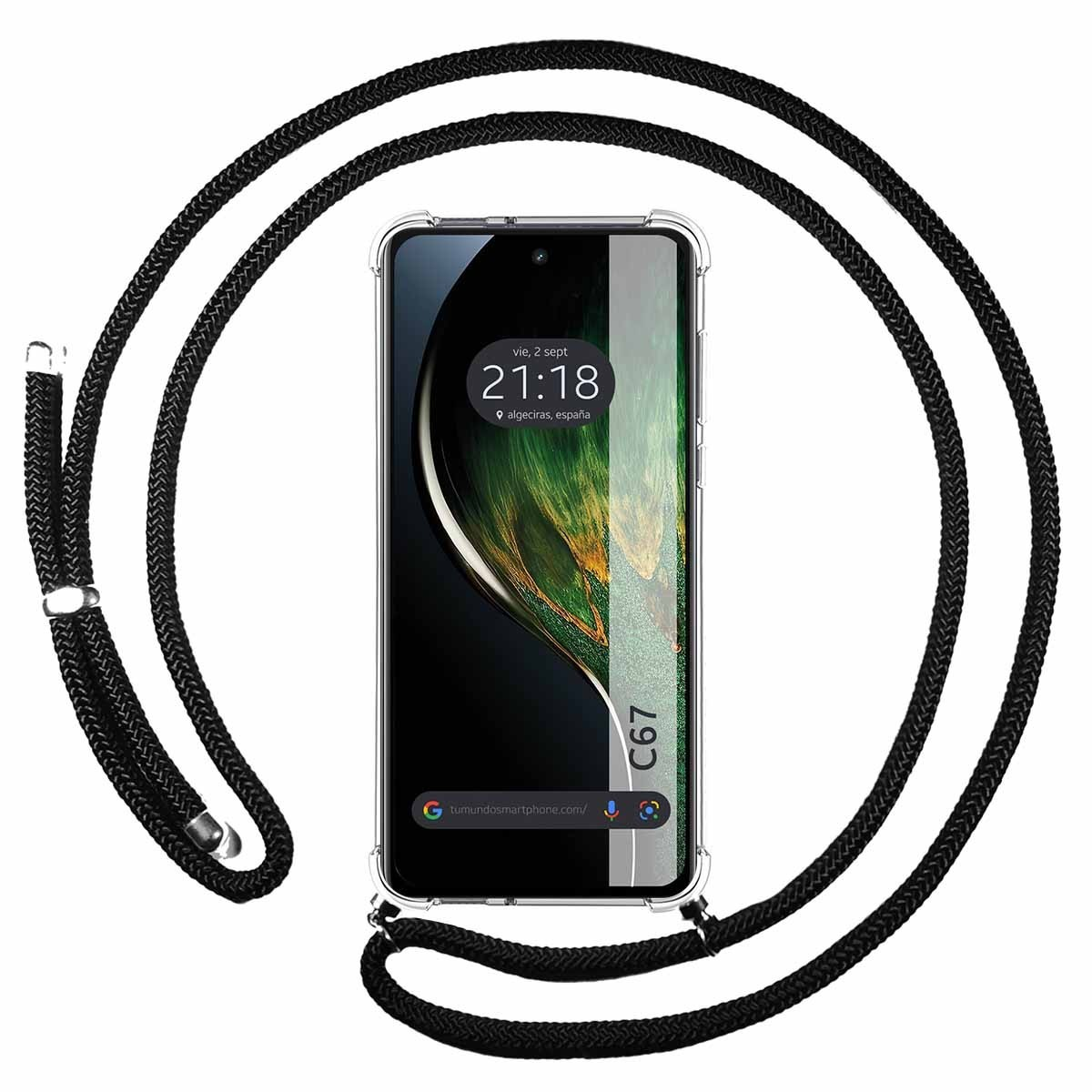 Telefono con cordino nero. Lo schermo mostra data e ora.