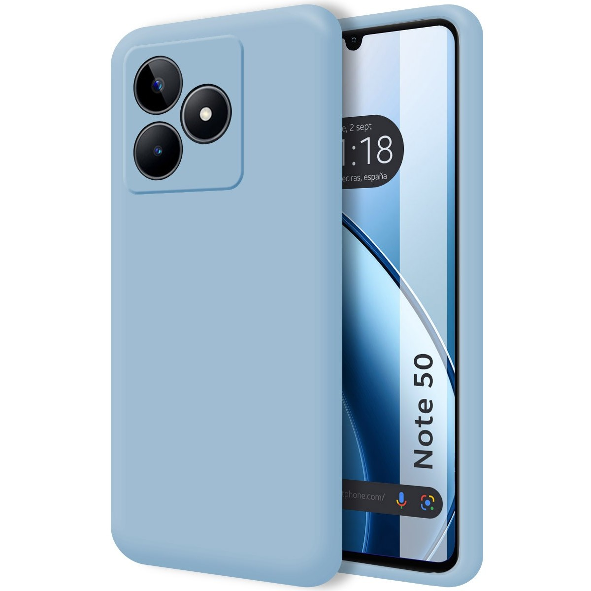 Custodia per telefono azzurra con tre fotocamere sul retro e telefono che mostra l'ora e il testo 'Note 50'.
