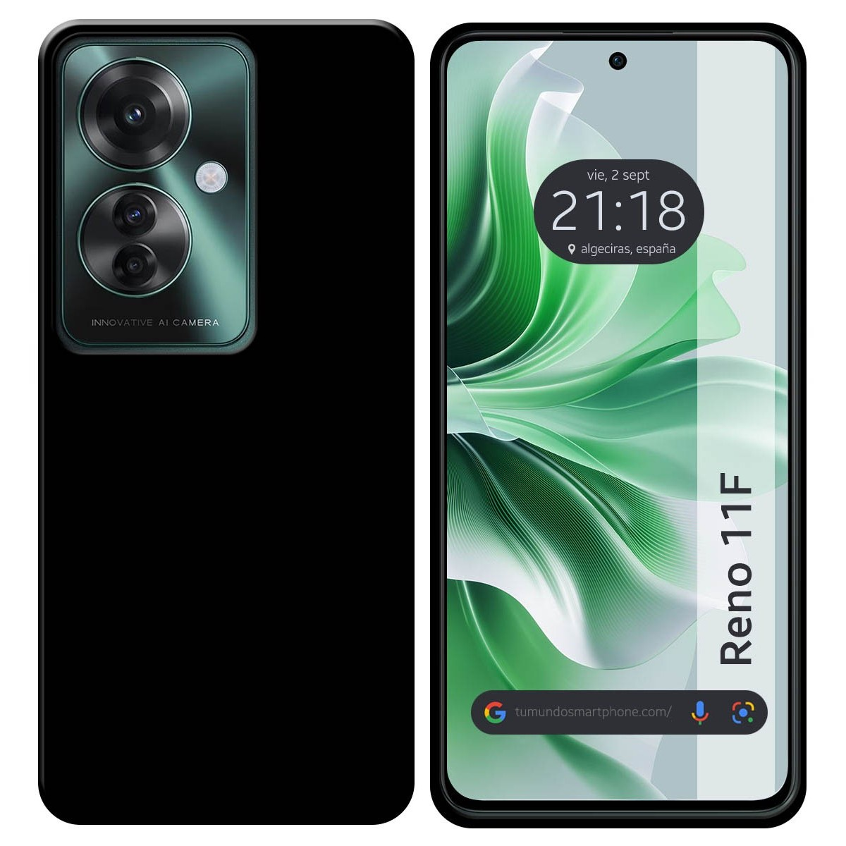 Telefono nero che mostra un'ora e un sito web. Il telefono ha delle fotocamere.