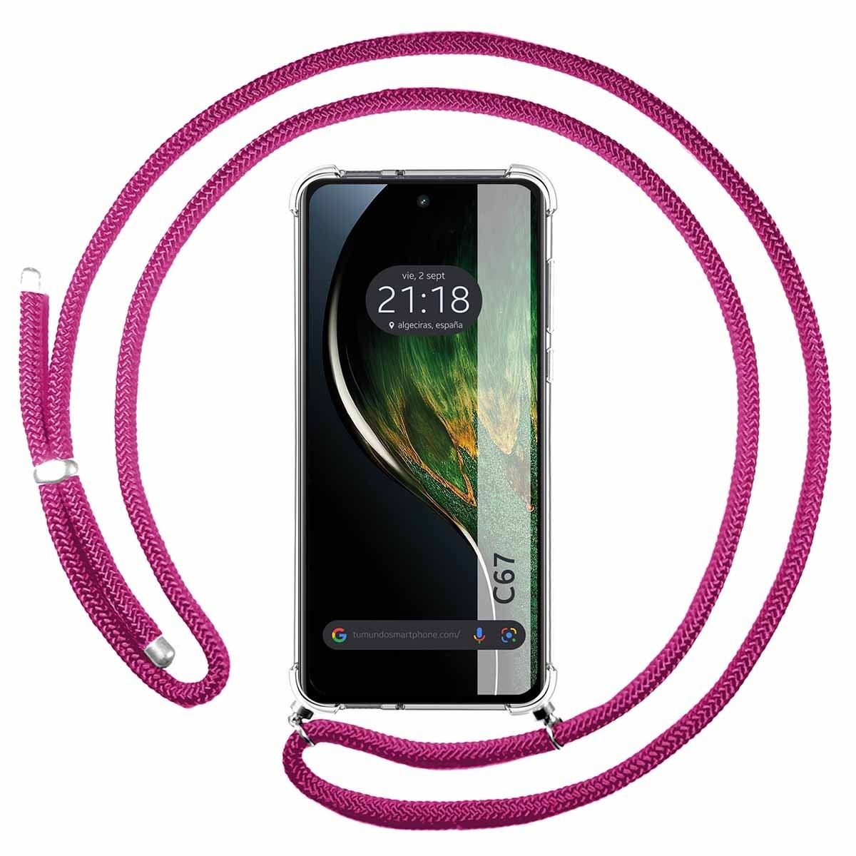 Smartphone con un cordino rosa, che mostra l'ora e la data.