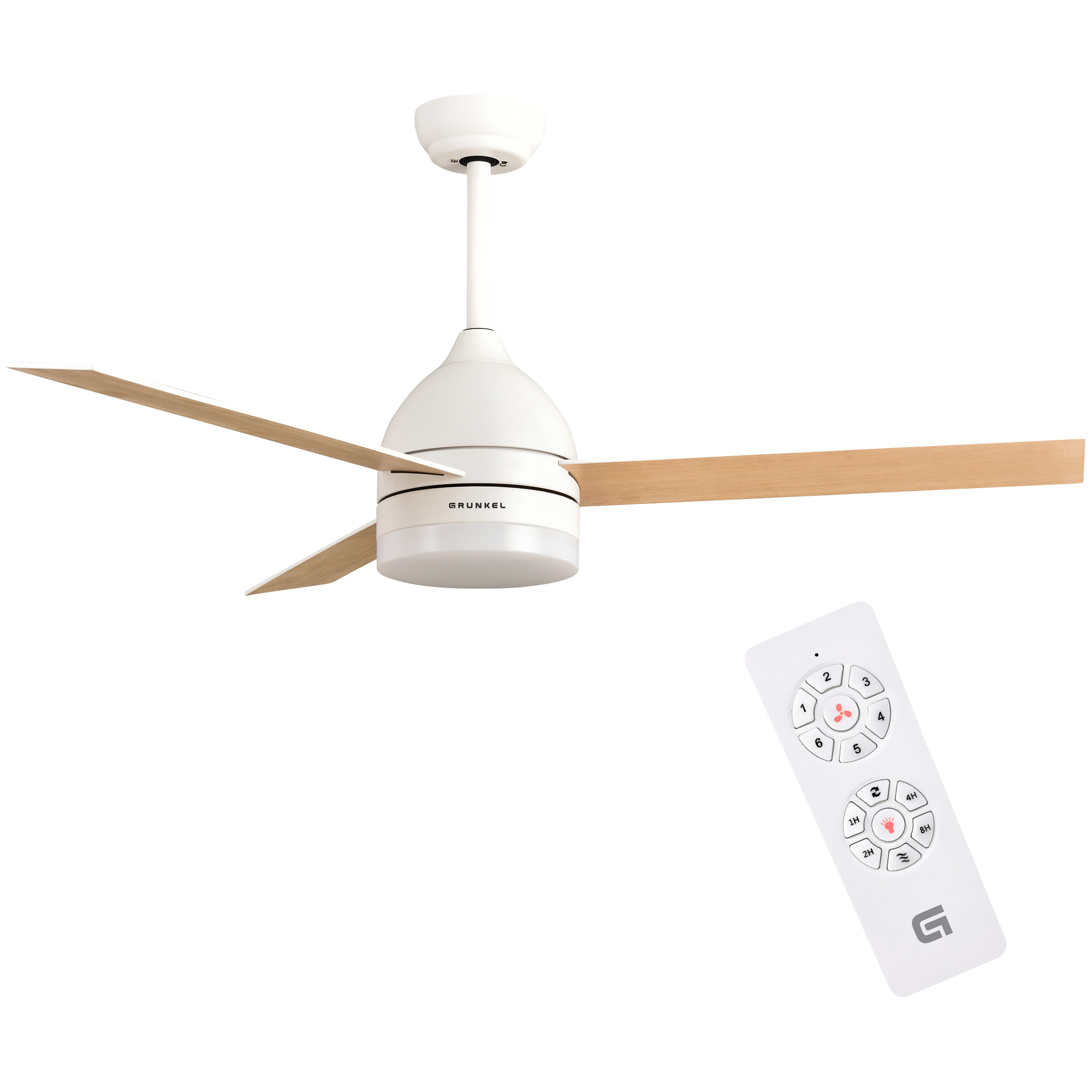 Un ventilador de techo blanco con aspas de madera y un control remoto.