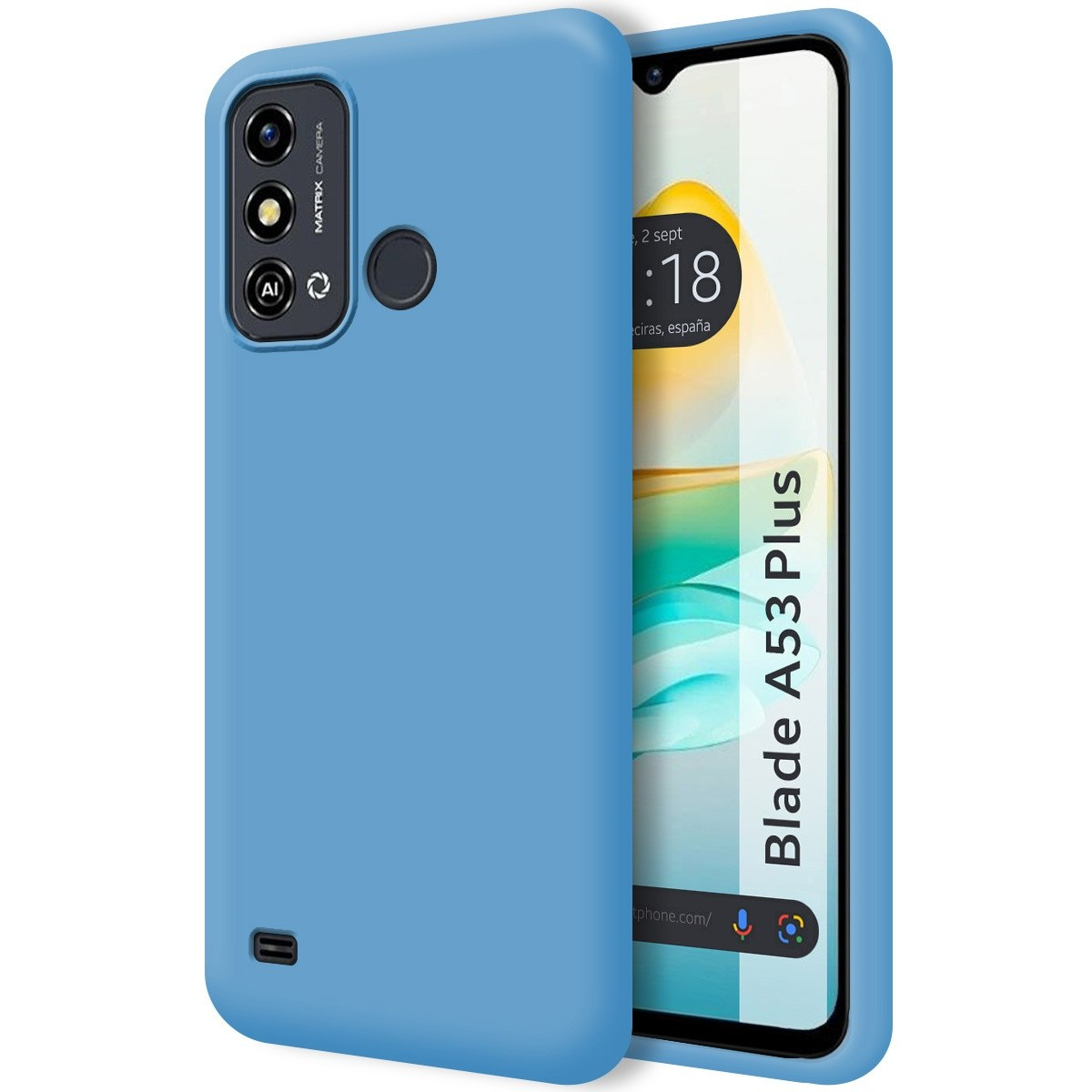 Custodia per telefono blu con telefono che mostra l'ora e informazioni.