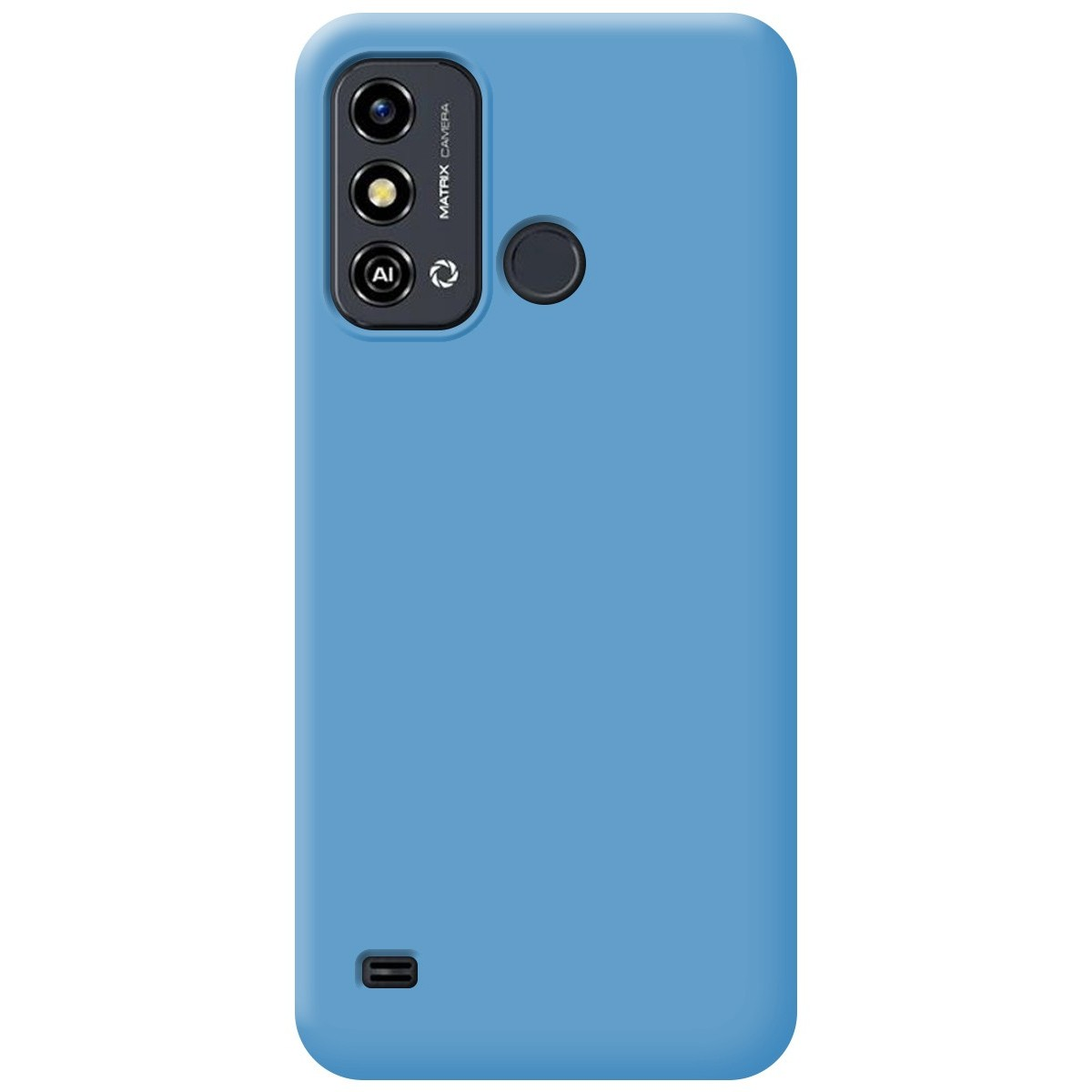 Custodia per telefono blu con dettagli della fotocamera.
