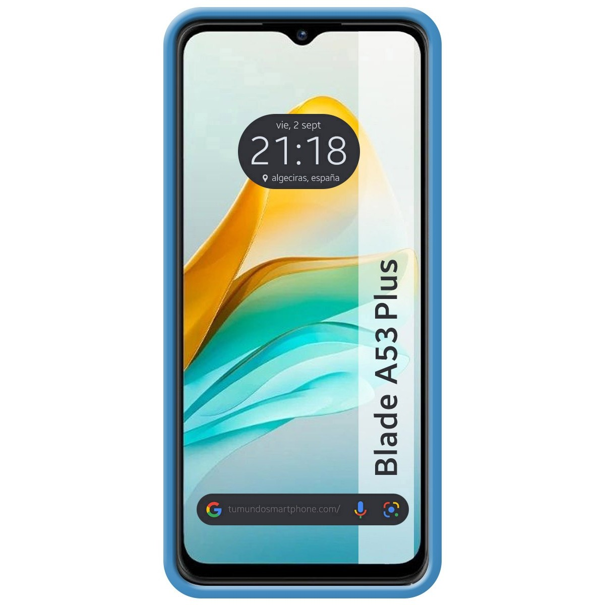 Telefono in custodia azzurra, mostra ora e luogo. È un modello Blade A53 Plus.