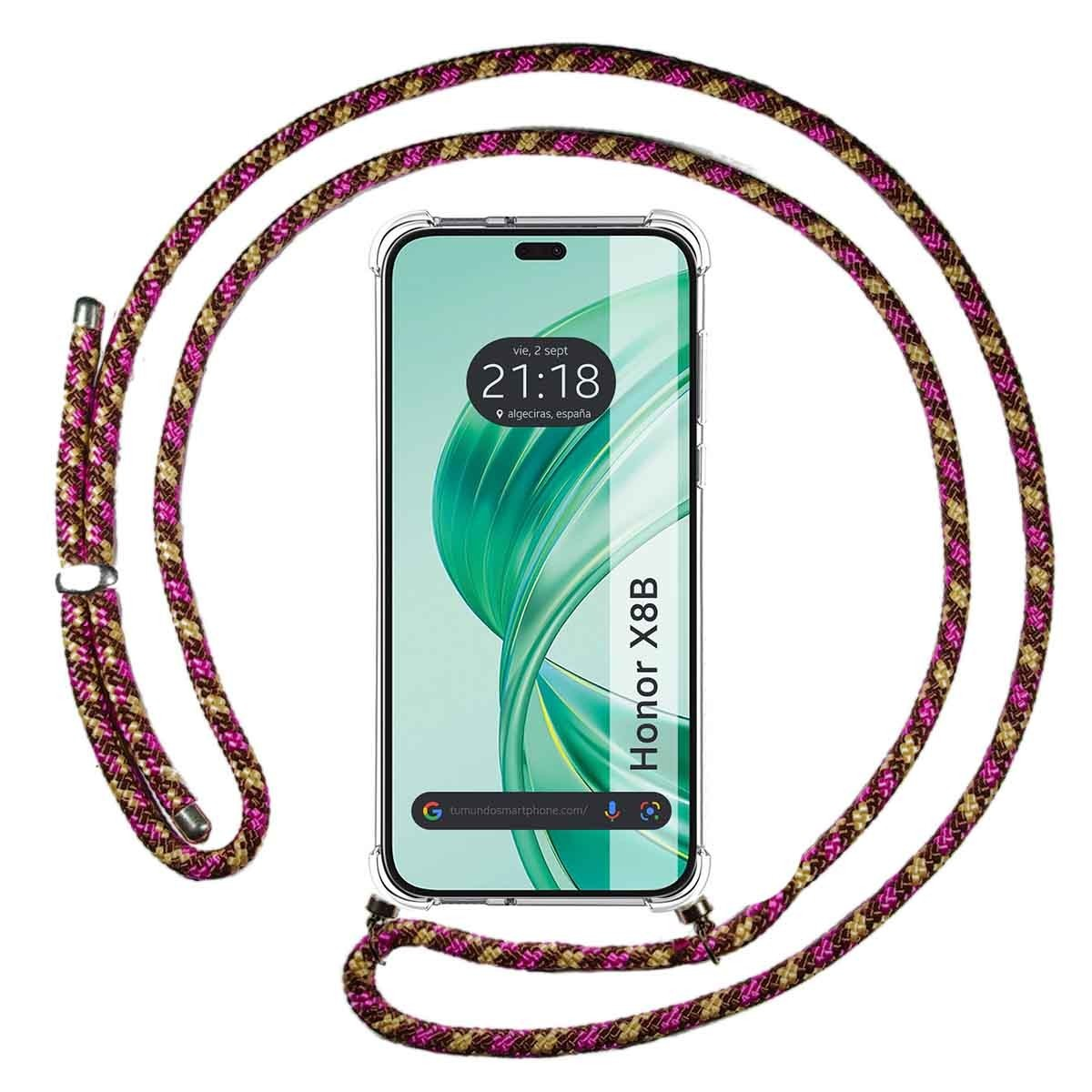 Telefono con cinturino. Il telefono mostra ora, luogo e nome del modello.