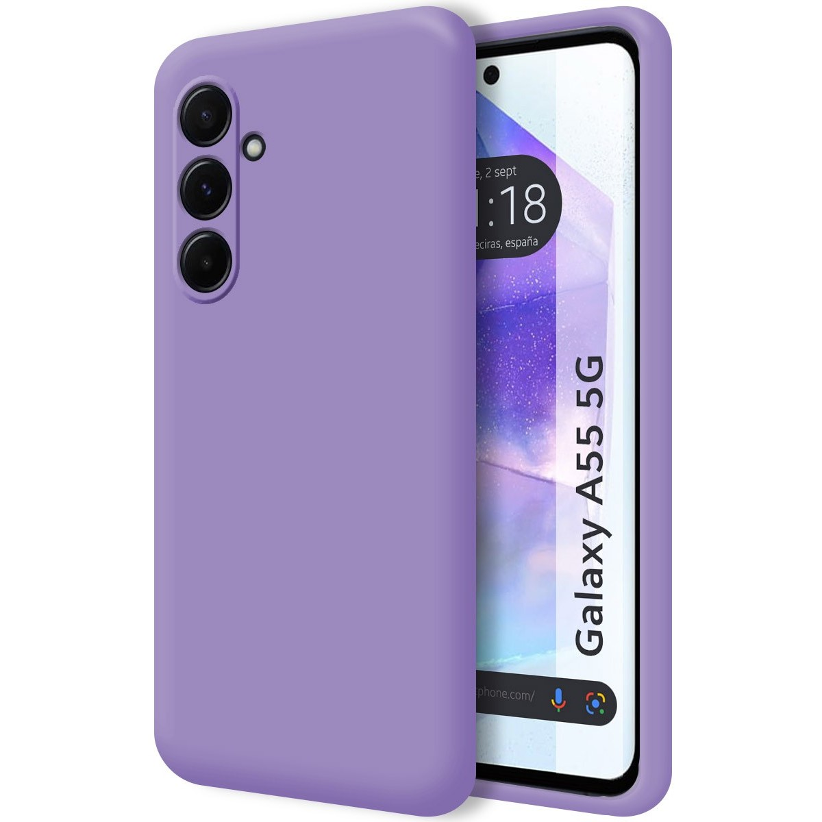 Custodia: colore viola pieno. Schermo del telefono visibile.