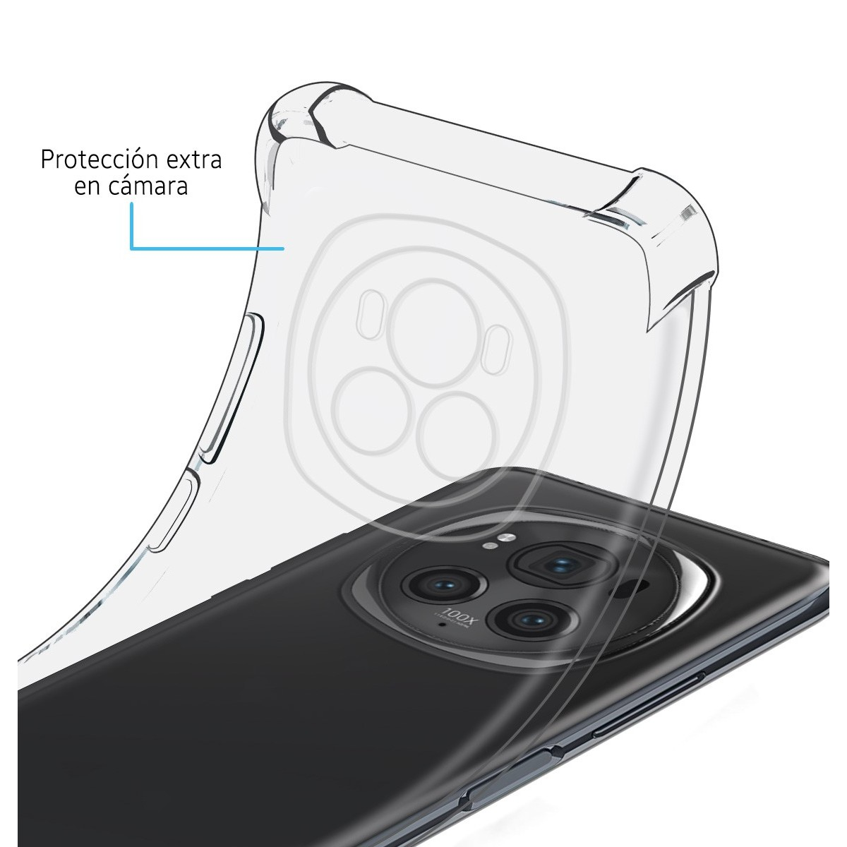 Custodia trasparente su telefono nero. La custodia mostra la protezione della fotocamera.