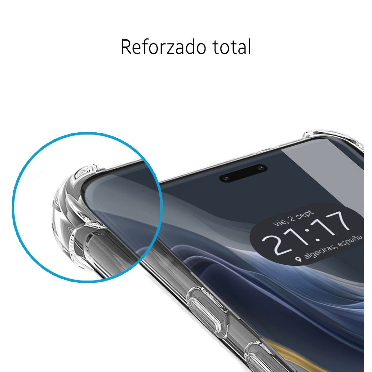 Primo piano di una custodia per telefono, che mostra i suoi bordi rinforzati.