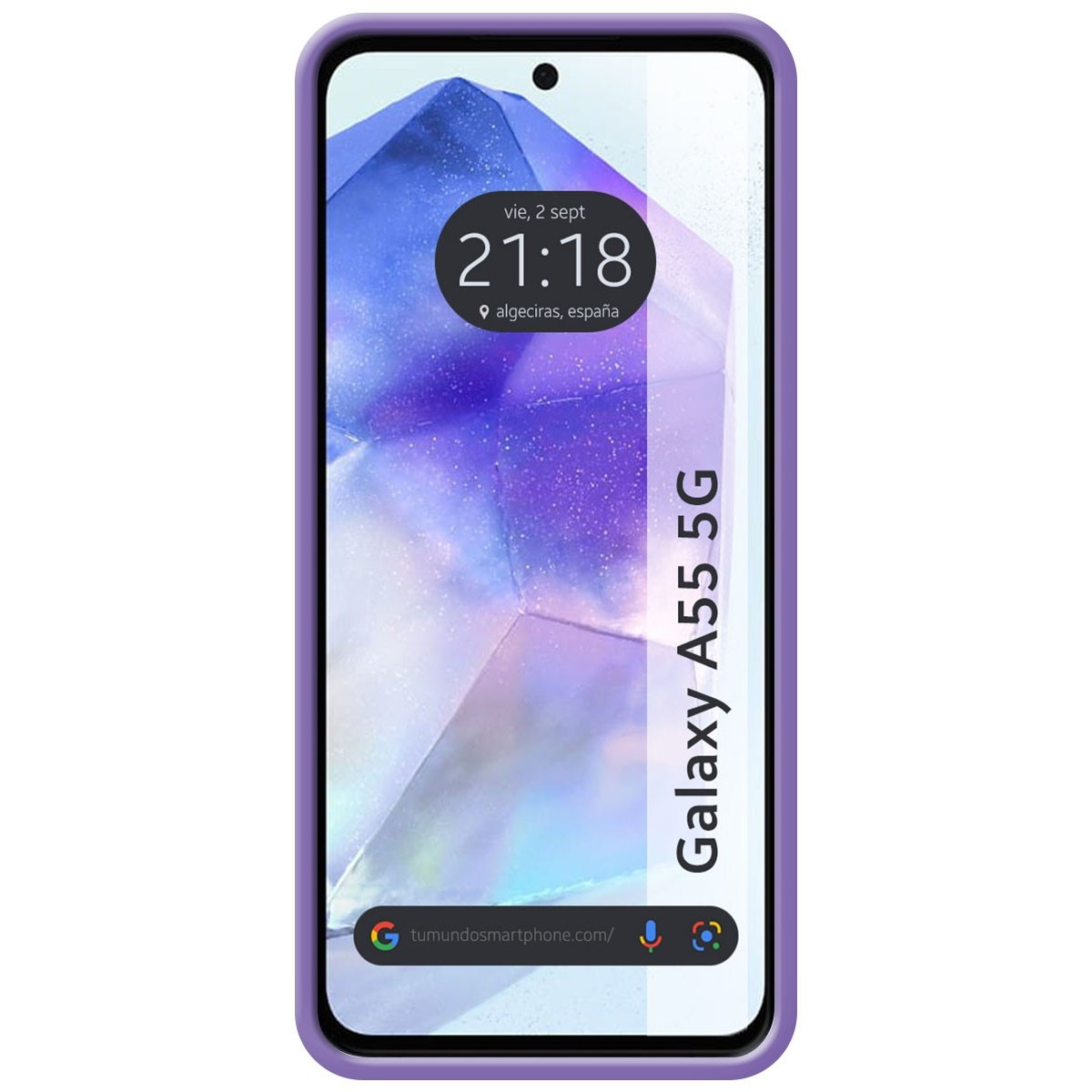 Telefono in custodia viola che mostra ora e data. Il display mostra un design geometrico.