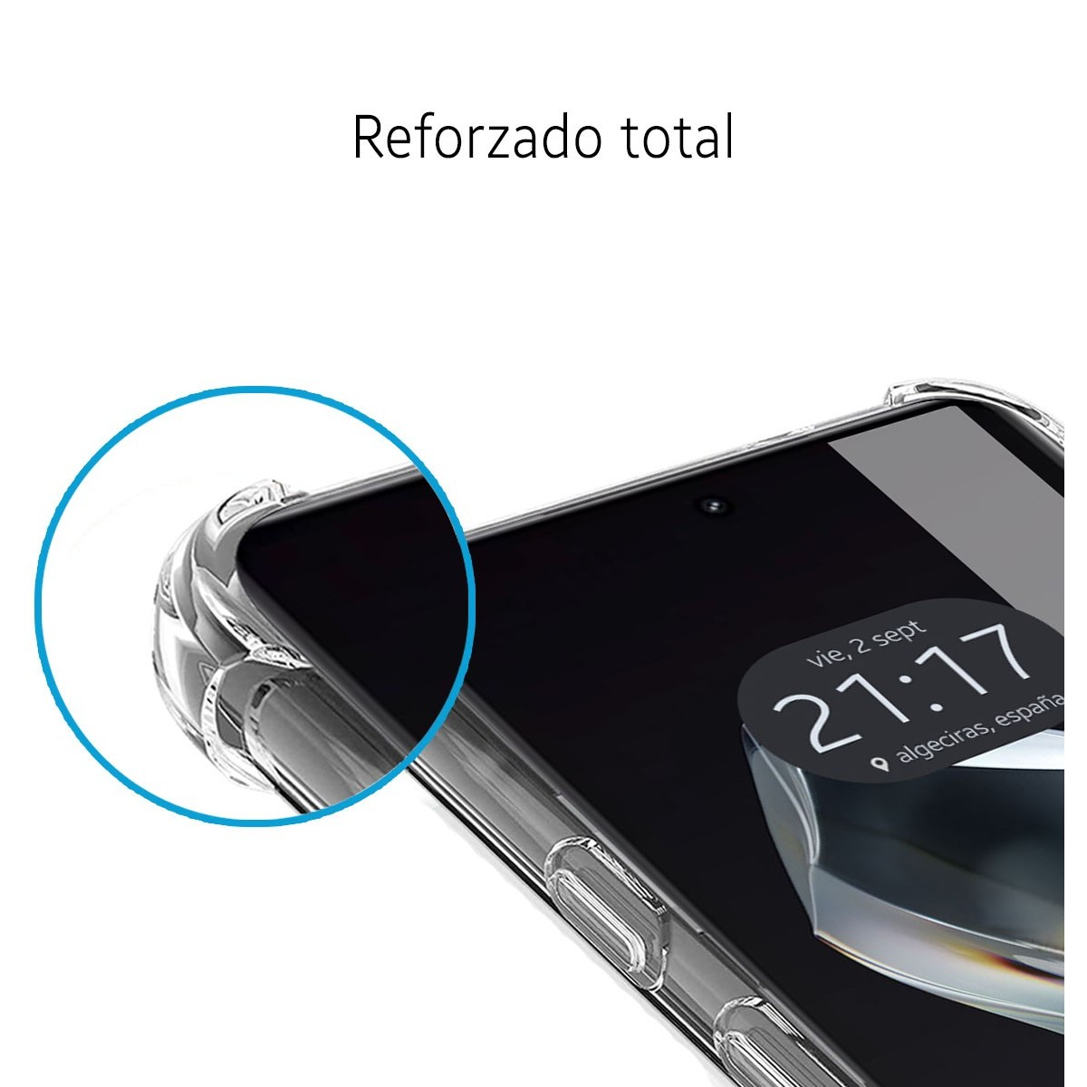 Primo piano dell'angolo di un telefono, protetto da una custodia trasparente.