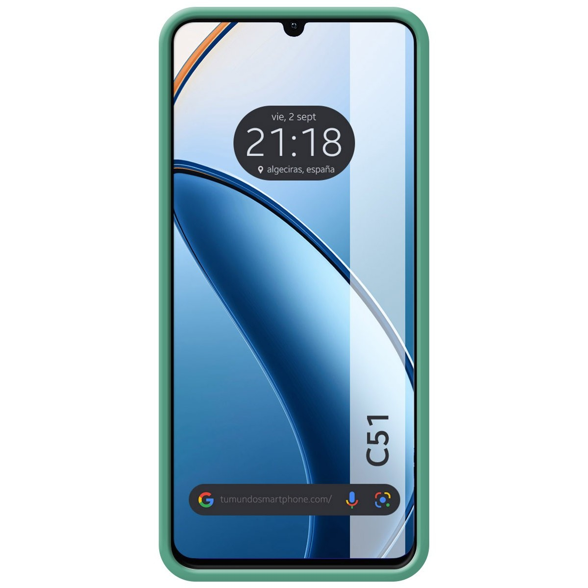 Una custodia verde con un telefono che mostra ora e data. Il telefono mostra un motivo astratto turchese e bianco.