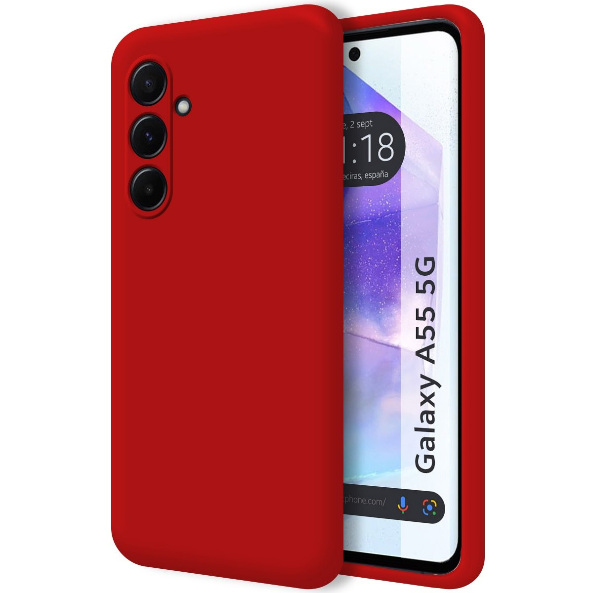 Telefono rosso con custodia rossa. Lo schermo mostra l'ora. Lo sfondo è bianco.