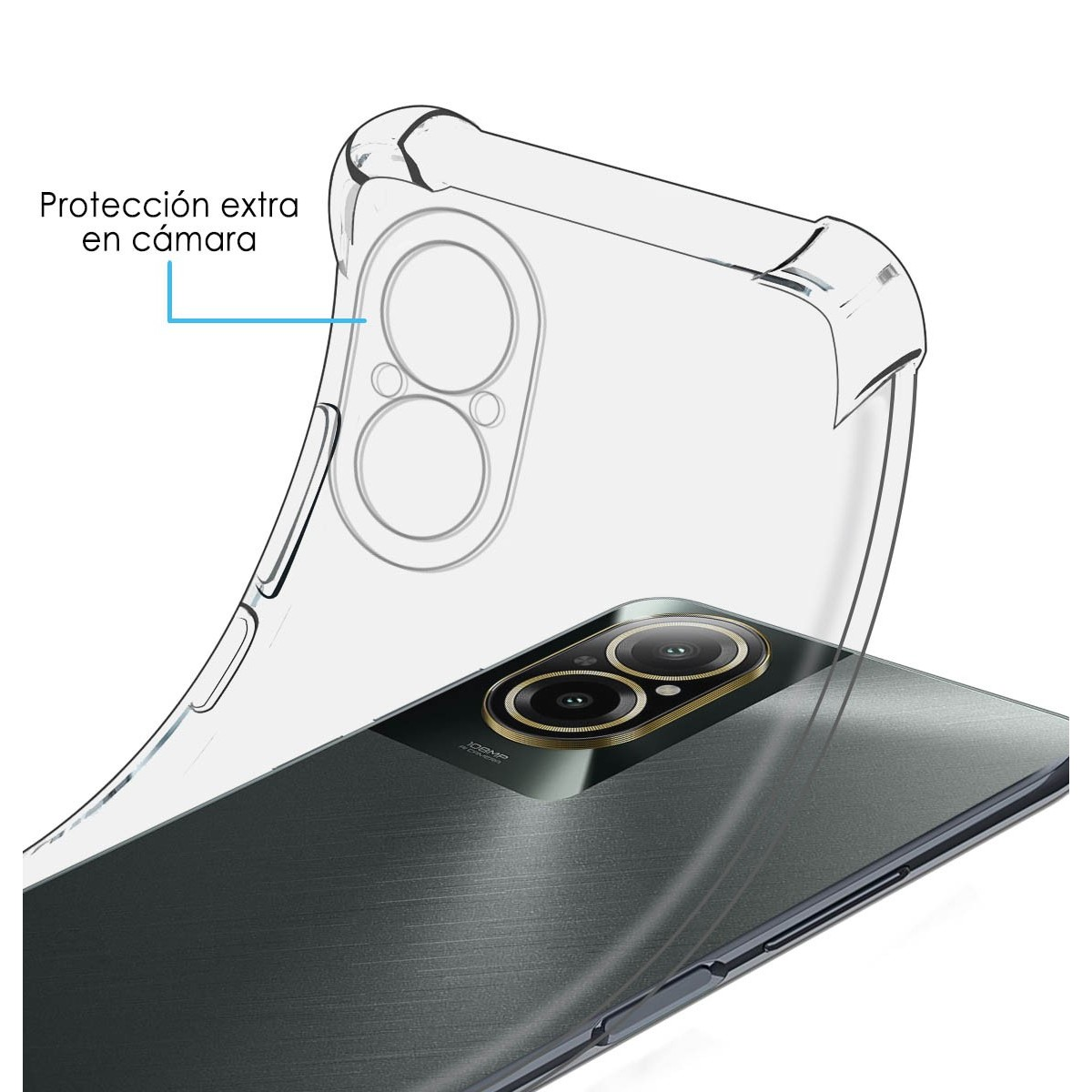Funda transparente para teléfono con protección de cámara, sobre un teléfono gris oscuro.