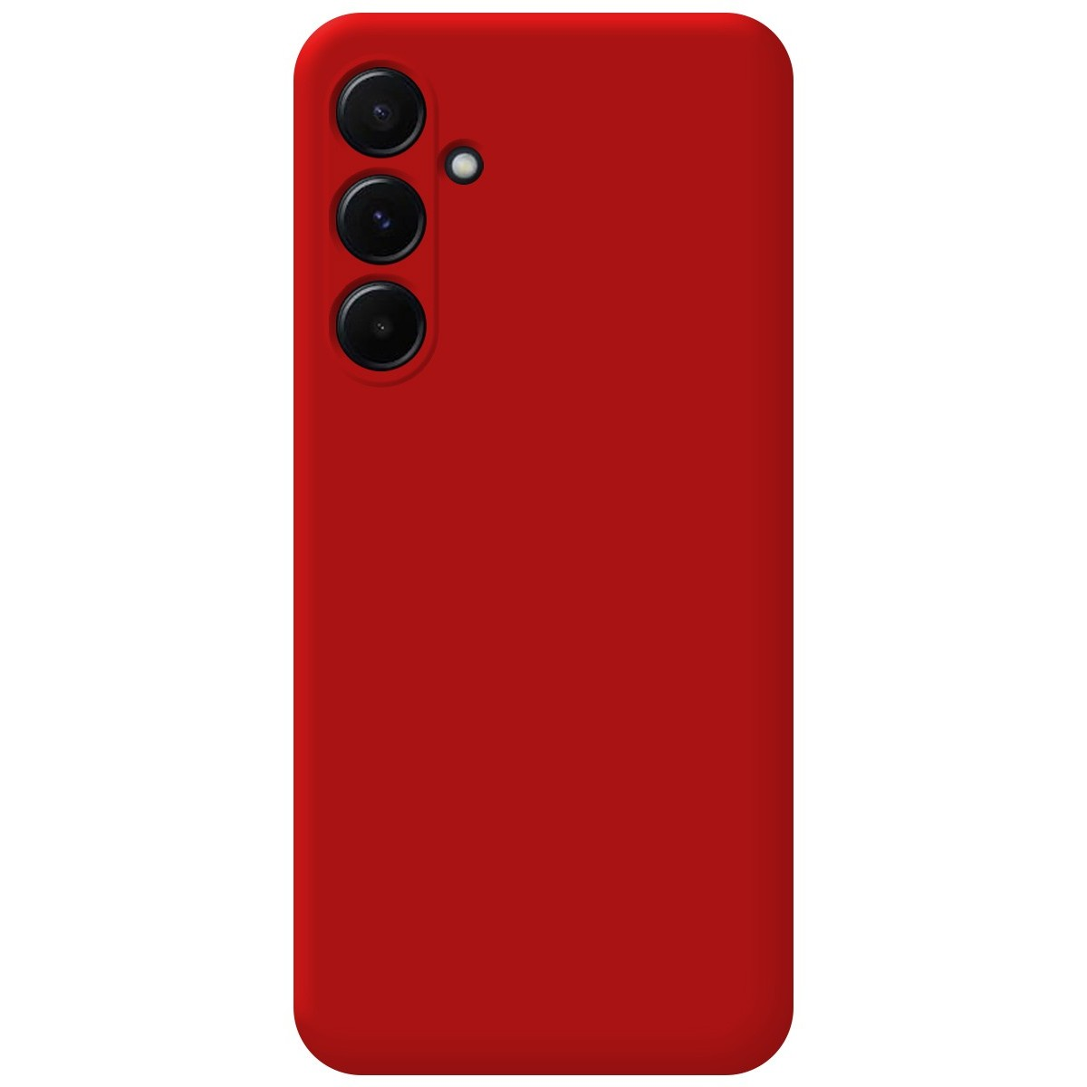 Custodia rossa per telefono con tre lenti nere.