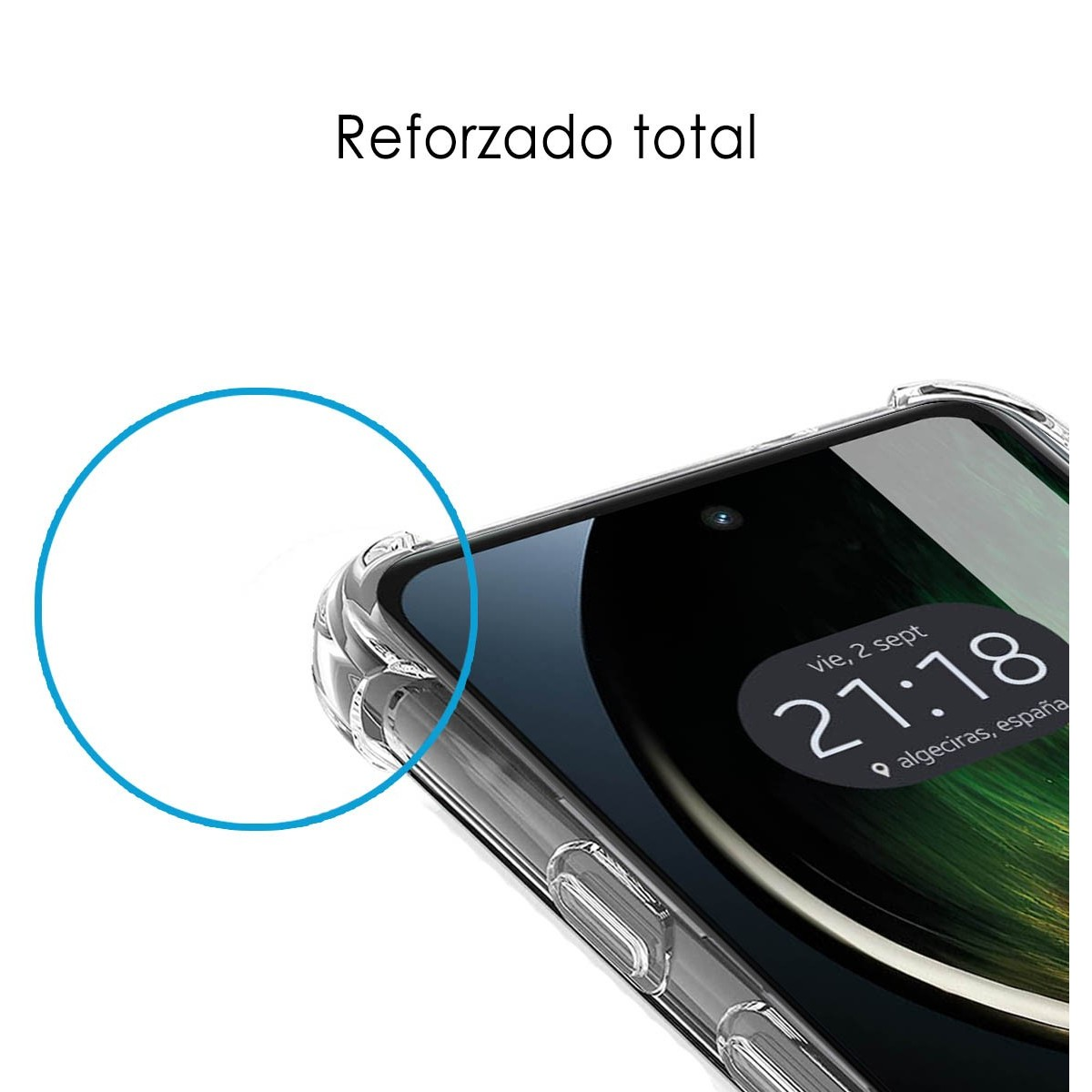Primer plano de un teléfono con una funda transparente. La pantalla del teléfono muestra la fecha y hora.