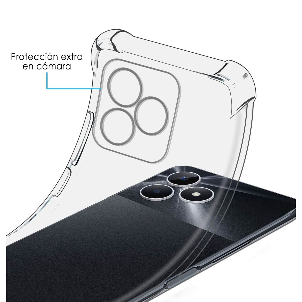 Custodia trasparente sopra un telefono, che mostra la configurazione a tripla fotocamera.