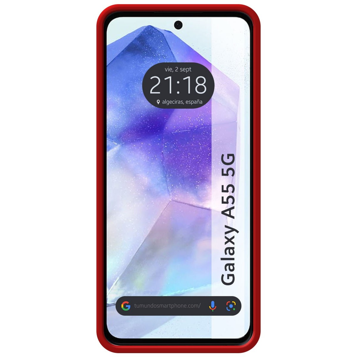 Smartphone su una superficie bianca, con cornice rossa. Lo schermo mostra data e ora e un indirizzo web.