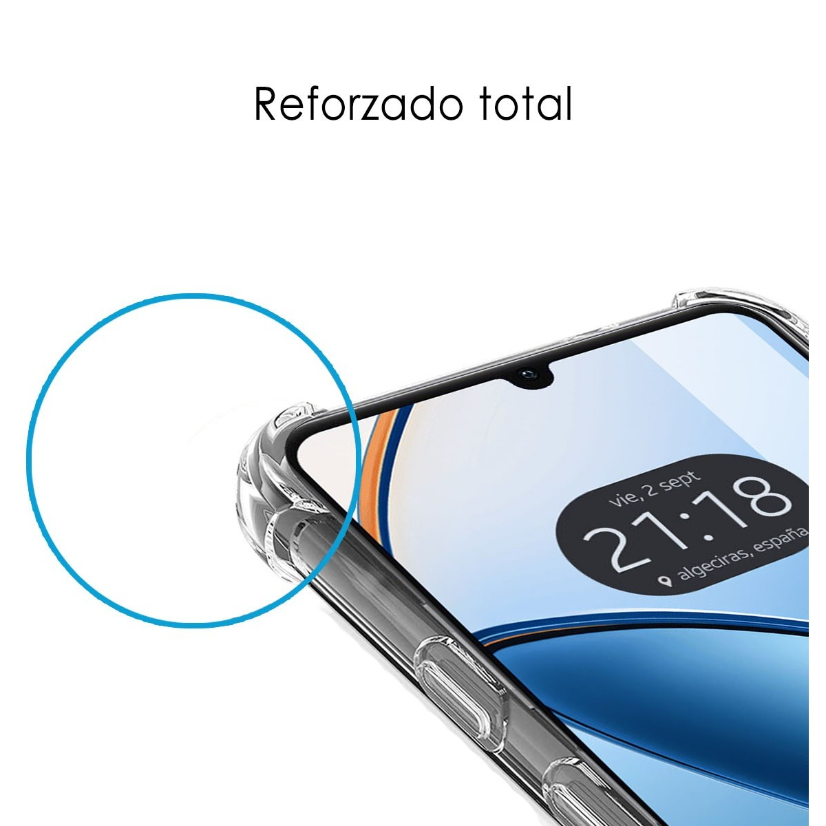 Primo piano di un telefono. Lo schermo è visibile. È all'interno di una custodia trasparente.