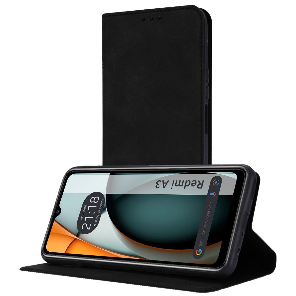 Telefono nero in una custodia a portafoglio nera, aperto. Mostra lo schermo del telefono con l'ora e la posizione.