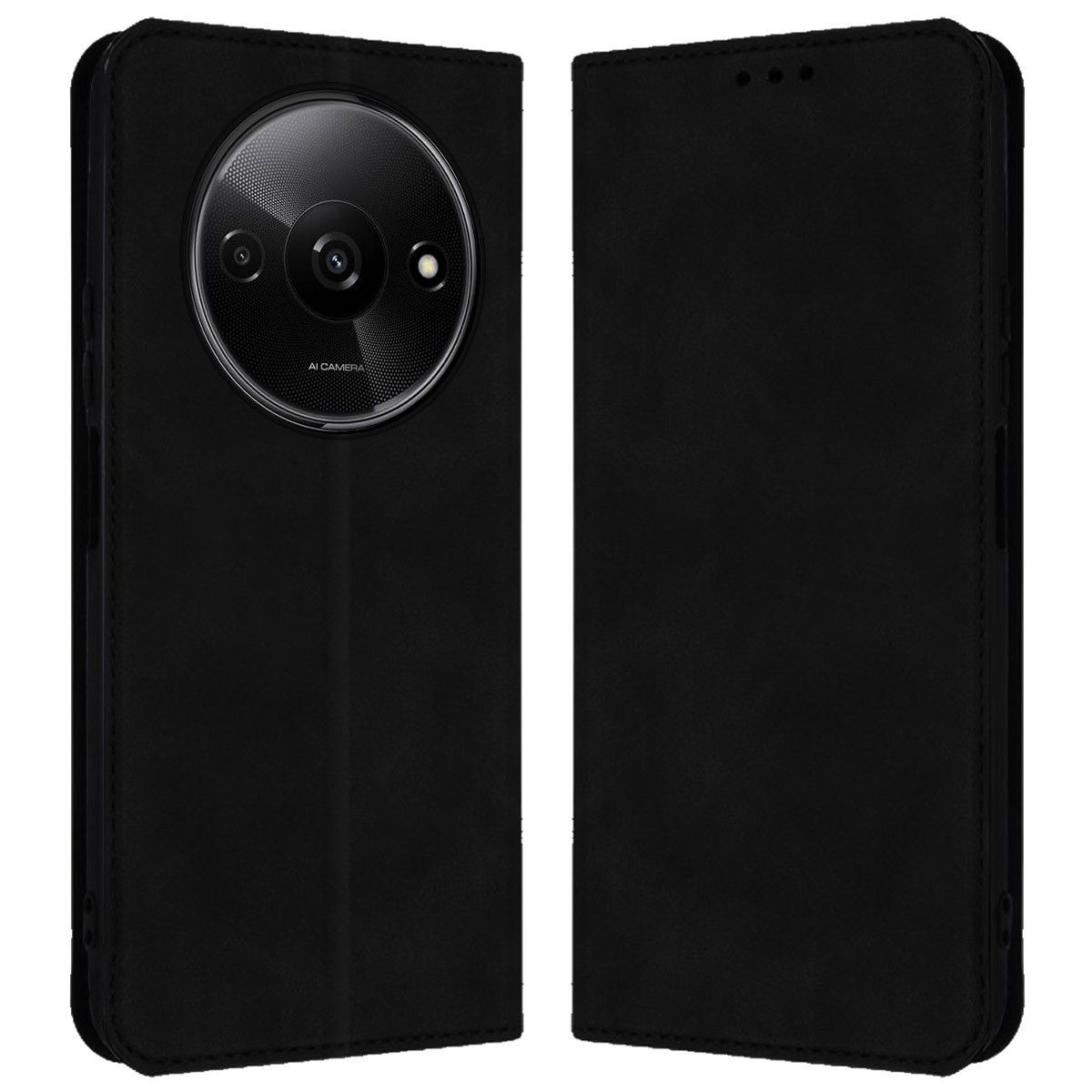 Custodia nera per telefono, la fotocamera è visibile e il telefono è chiuso.