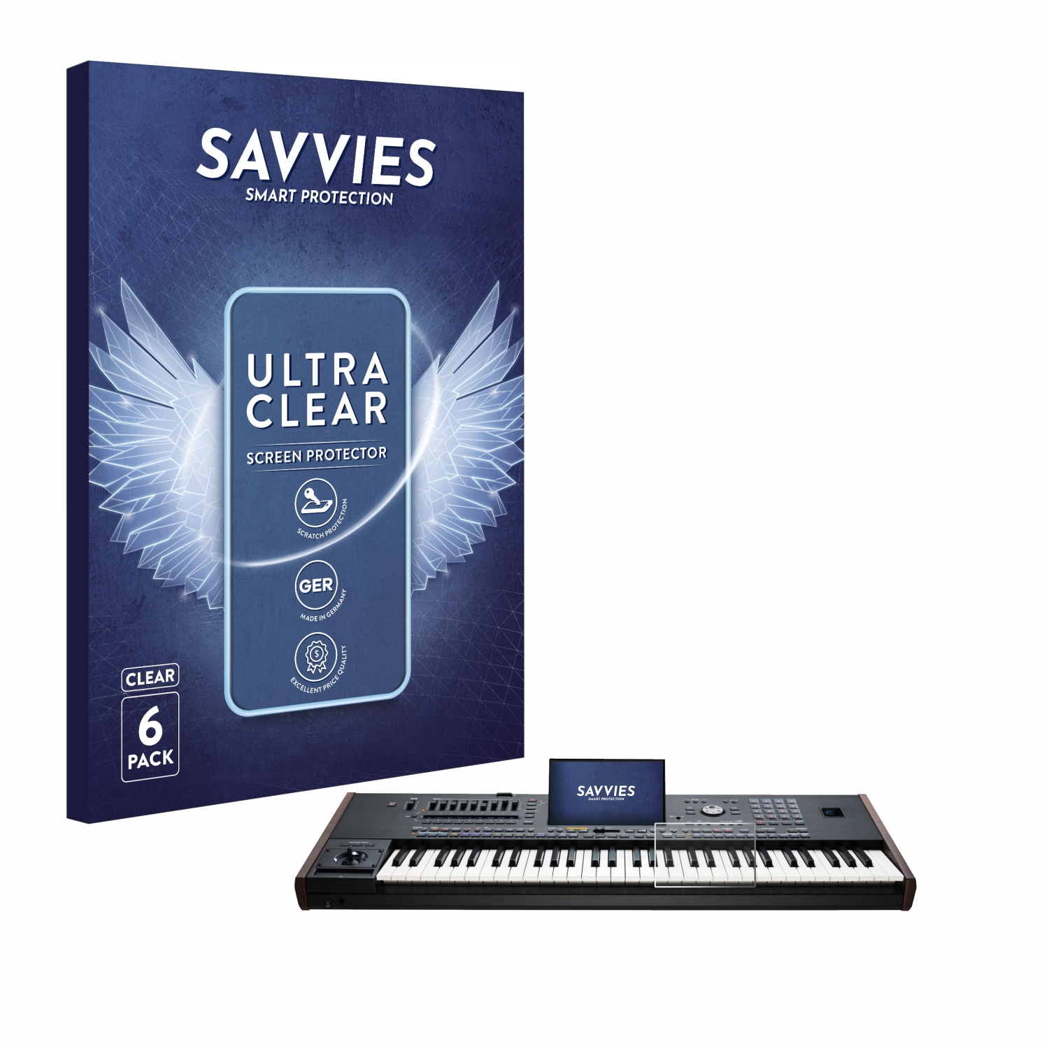 Eine Tastatur, eine Displayschutzfolien-Packung und Schutzfolie. Das Paket trägt die Aufschrift SAVVIES, ULTRA CLEAR. Die Schutzfolie ist auf der Tastatur.