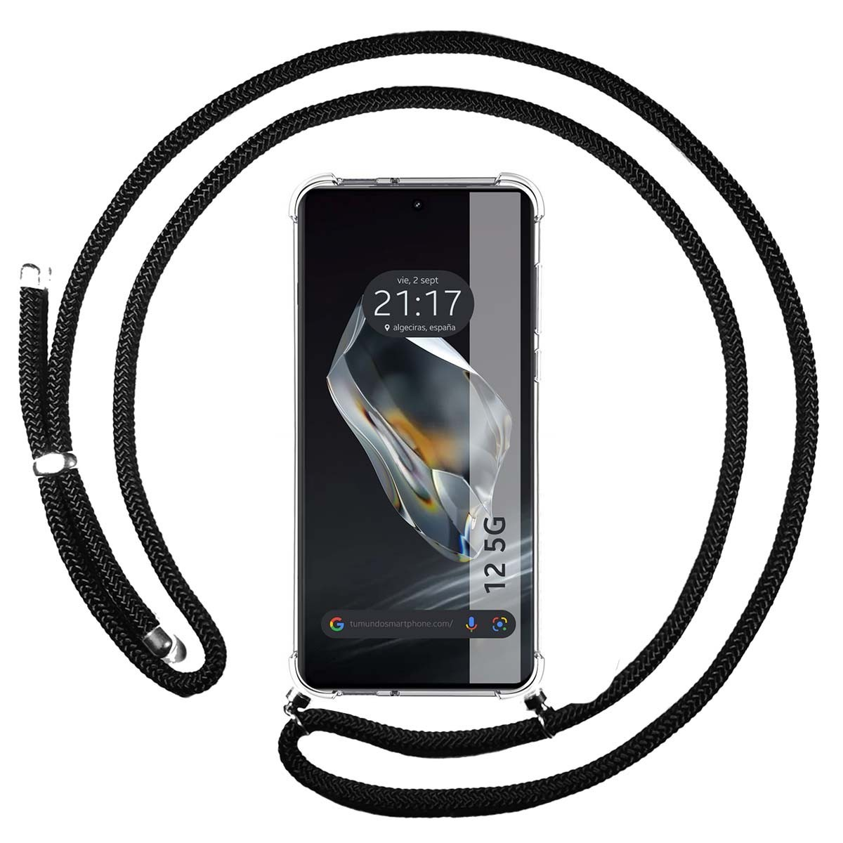 Telefono con cordino nero. Sul telefono è visualizzata l'ora. Il cavo nero avvolge il telefono.