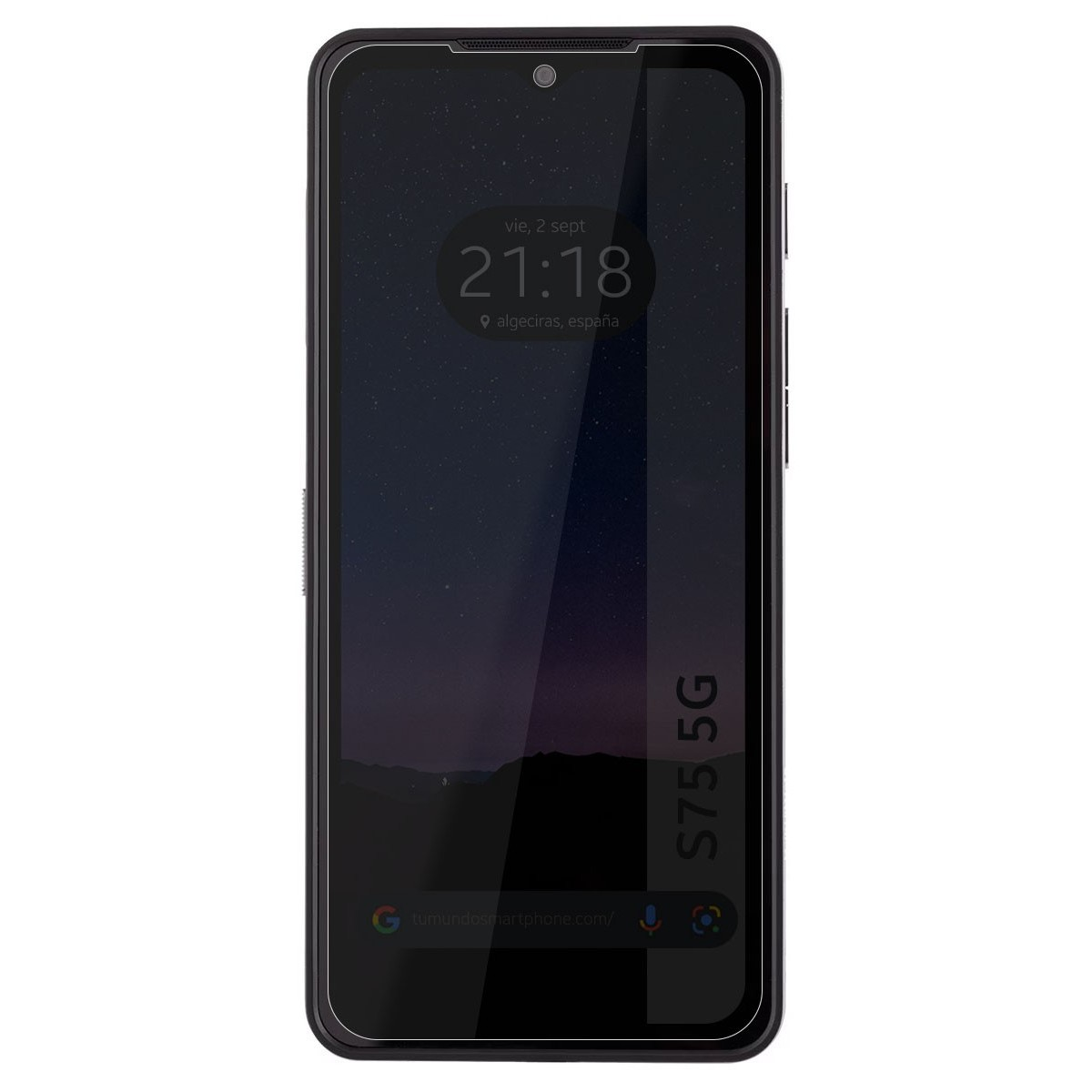 Smartphone negro con pantalla oscura, mostrando fecha y hora, con logo abajo.