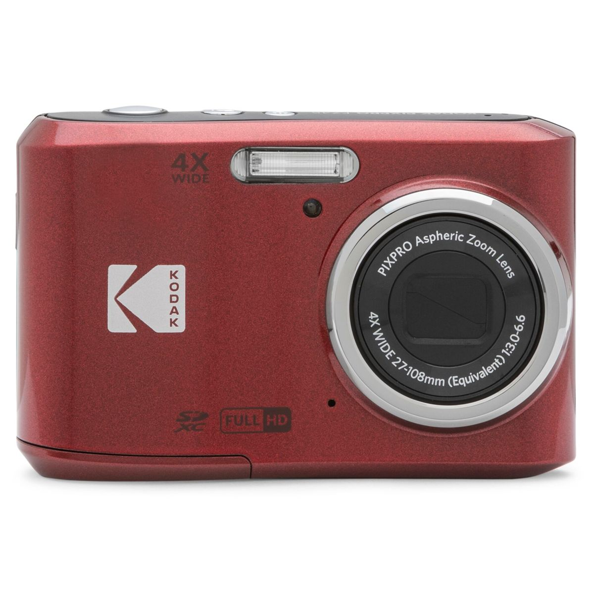 Czerwony aparat Kodak Pixpro z obiektywem z zoomem. Na białym tle.
