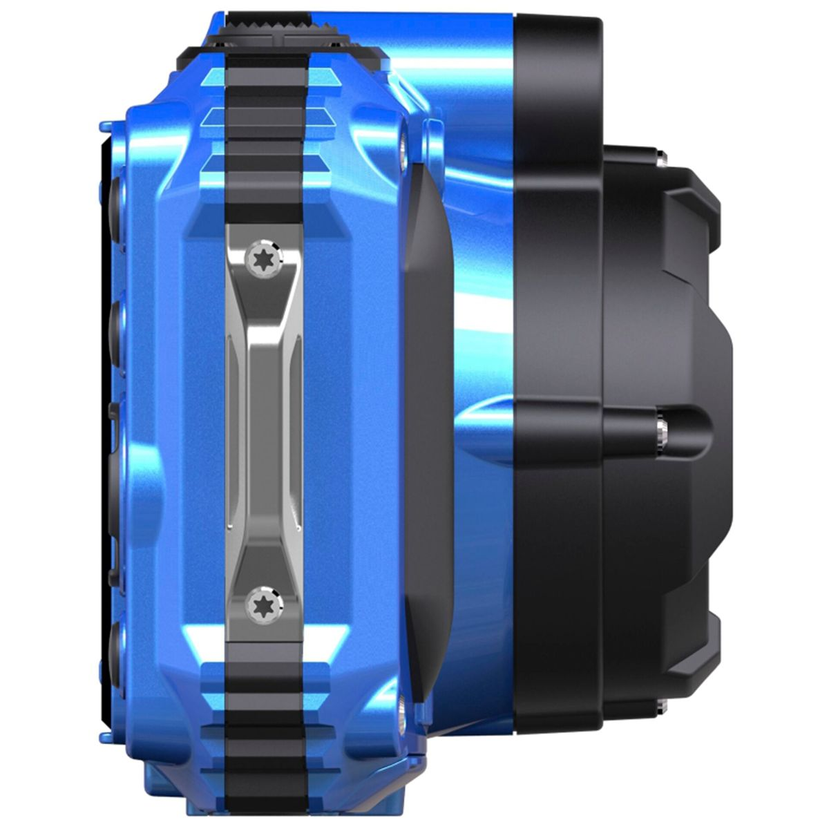 Niebiesko-czarne urządzenie ze śrubami. Urządzenie jest widoczne z boku. Przód jest metaliczny.