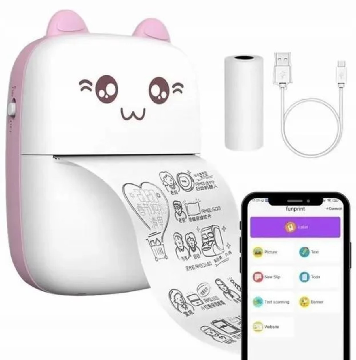 Una impresora rosa y blanca con forma de gato, rollo de papel, cable USB y un smartphone con una app.