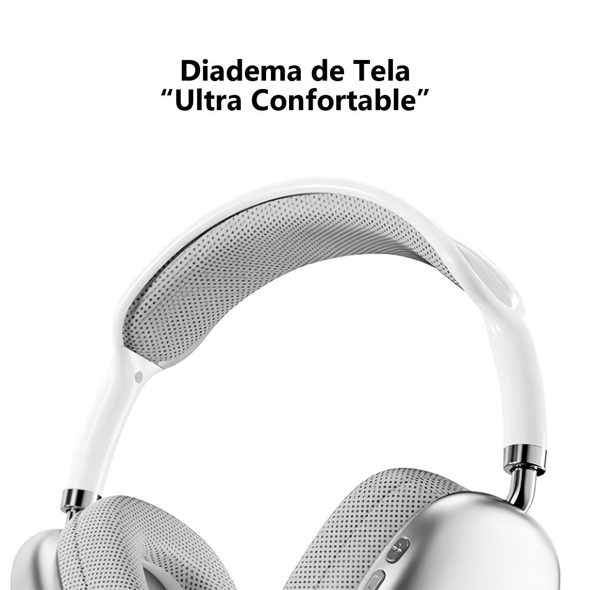 Auriculares blancos y plateados con diadema de malla suave, sobre fondo blanco.