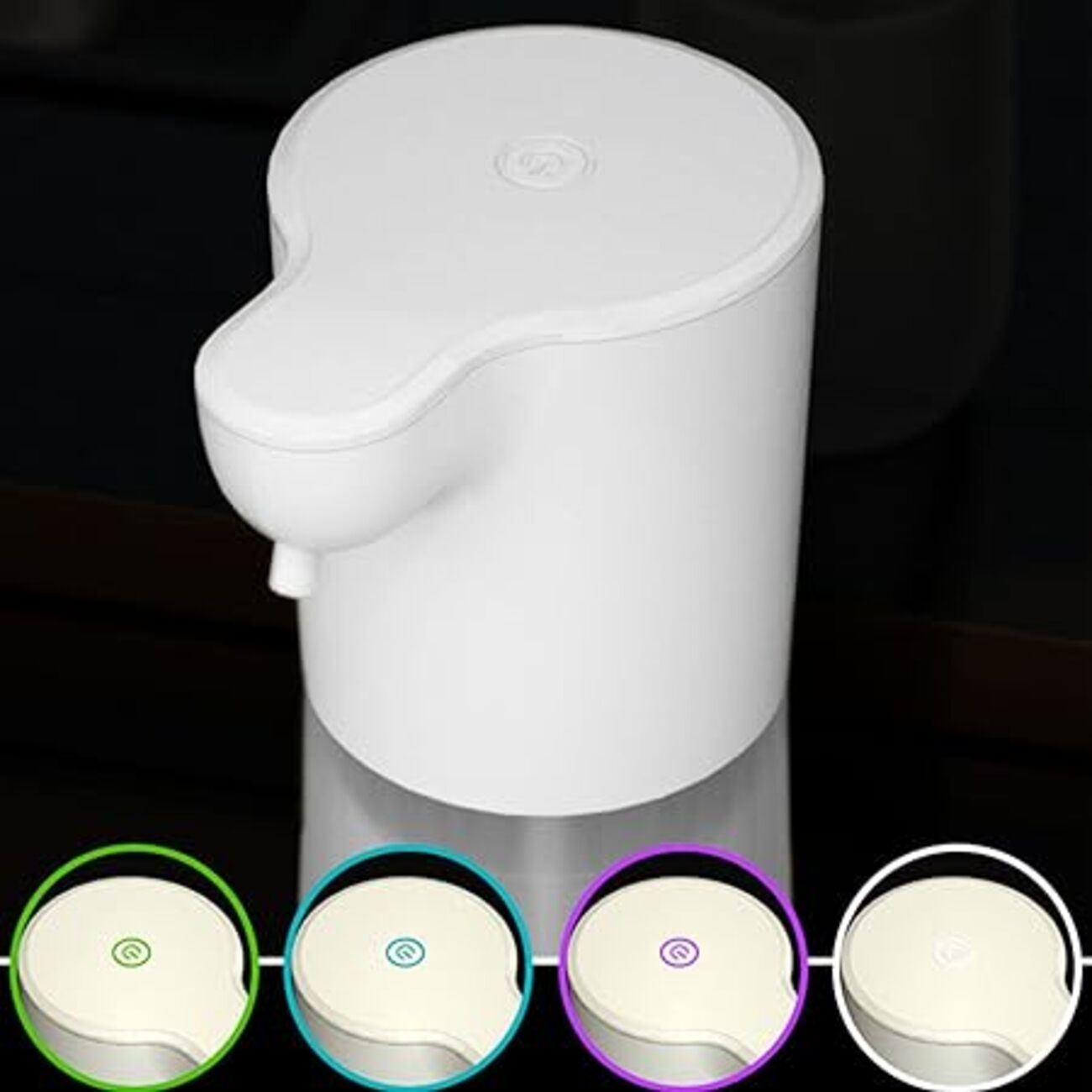 Dispensador de jabón automático blanco con botón superior y luces de botón de color.